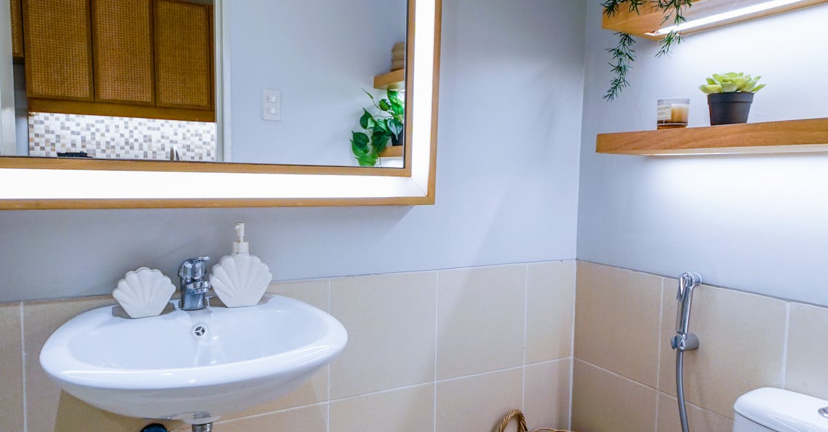 Stylish and clean minimalist bathroom with mirror and decor plants.